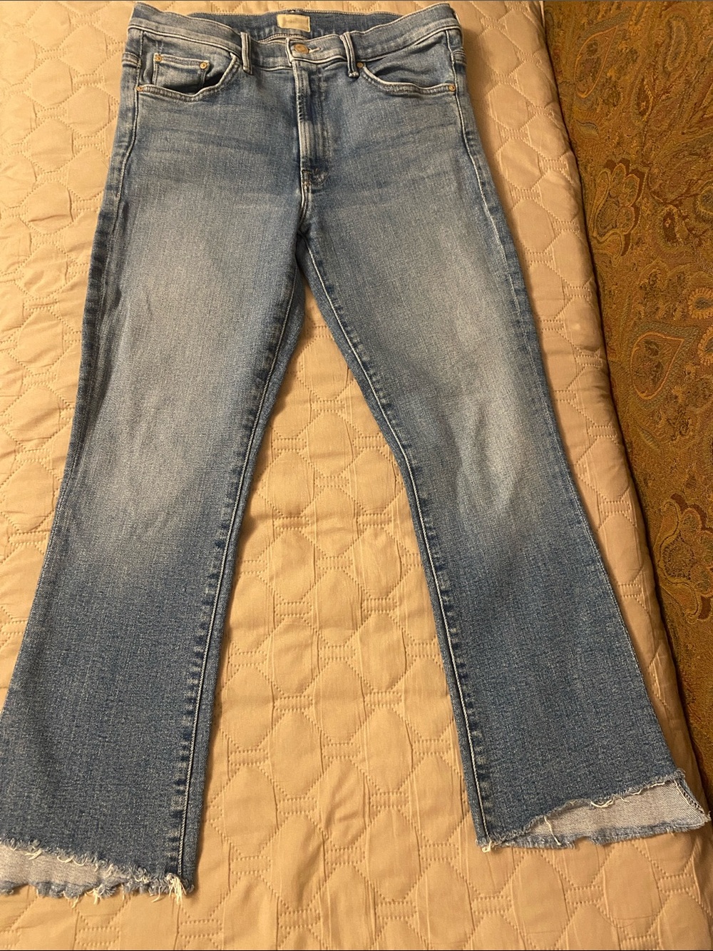 MOTHER Light Blue Cropped Flare Jeans with Raw Hem Size 30